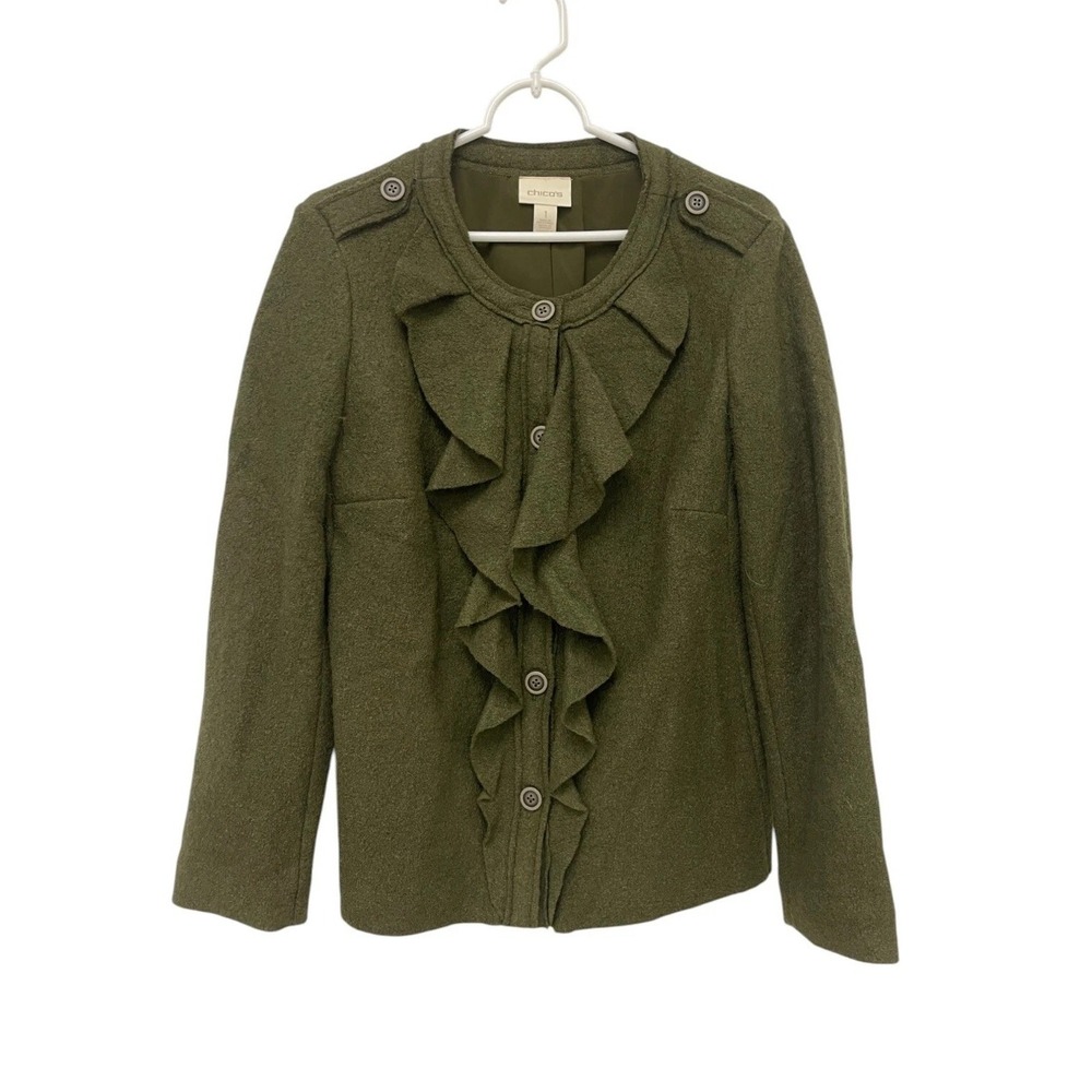 Chicos Ruffle Button Front Textured Jacket Green Womens Size‎ 1 Wool Blend